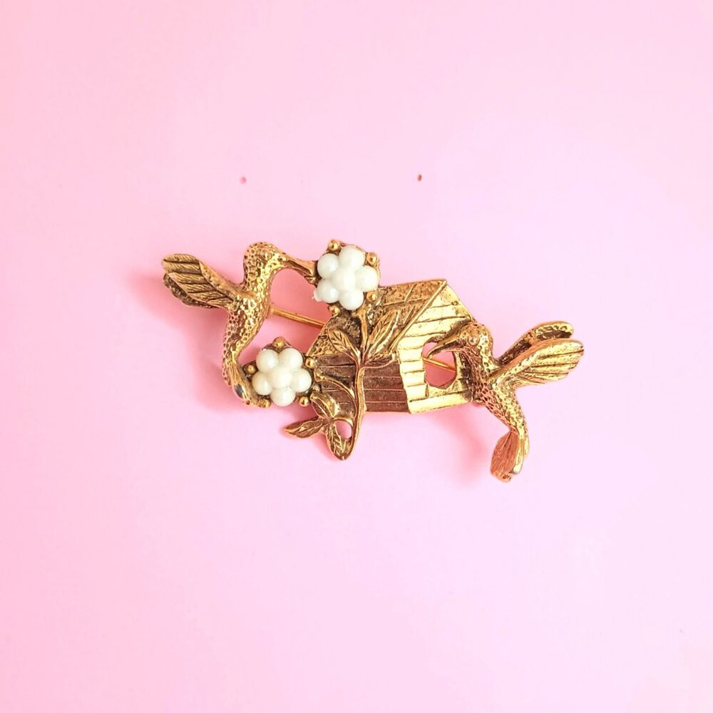 1928 Vintage Hummingbird Brooch Gold Pearl Flowers Bird House Pin Made in USA